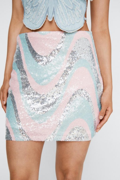 Club Wear Petite Sequin Wave Print Mini Pelmet Skirt -The Partys Outfit womens baby20pink petite sequin wave print mini pelmet skirt