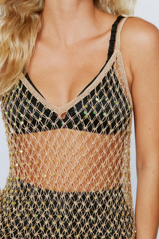 Tops City Scouts Sequin Knitted Strappy Top -The Partys Outfit womens beige city scouts sequin knitted strappy top 1