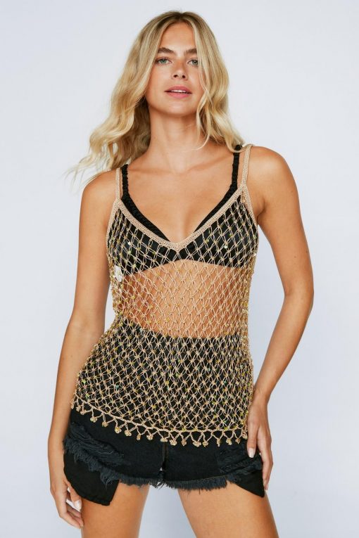 Tops City Scouts Sequin Knitted Strappy Top -The Partys Outfit womens beige city scouts sequin knitted strappy top 3