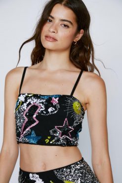 Club Wear Celestial Embellished Crop Top -The Partys Outfit womens black celestial embellished crop top 3