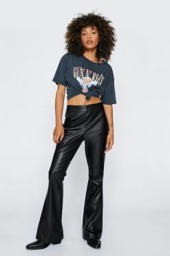 Faux Leather High Waisted Flared Pants -The Partys Outfit womens black faux leather high waisted flablack pants 1