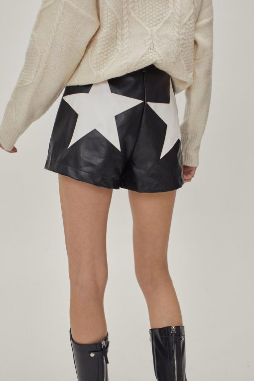 Tailored Shorts Faux Leather Star Design Shorts -The Partys Outfit womens black faux leather star design shorts 1