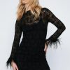 Bodycon Dresses Feather Cuff Lace Trim Dress -The Partys Outfit womens black feather cuff lace trim dress