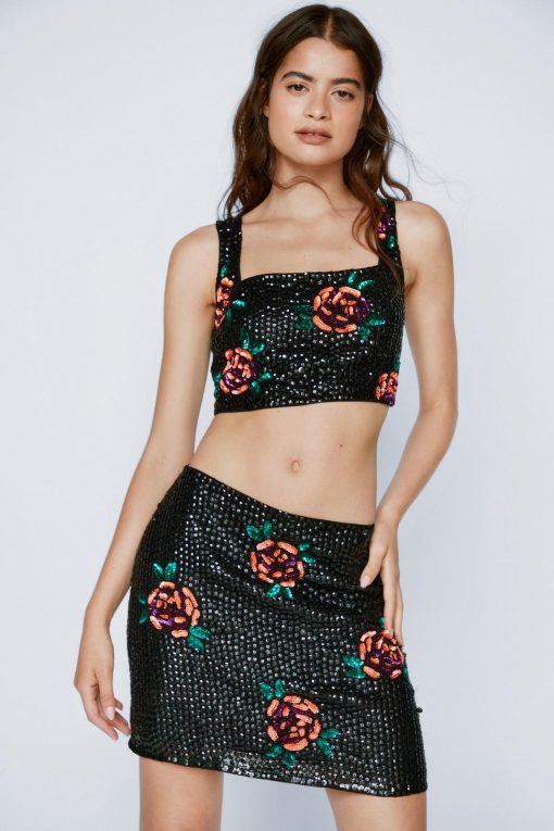 Skirts Floral Sequin Mini Pelmet Skirt -The Partys Outfit womens black floral sequin mini pelmet skirt 1