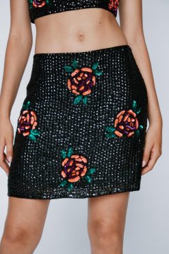 Skirts Floral Sequin Mini Pelmet Skirt -The Partys Outfit womens black floral sequin mini pelmet skirt 3