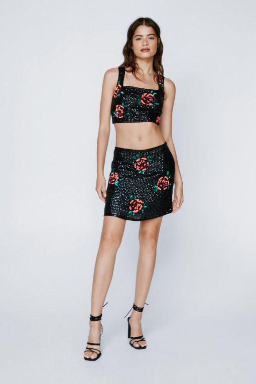 Skirts Floral Sequin Mini Pelmet Skirt -The Partys Outfit womens black floral sequin mini pelmet skirt