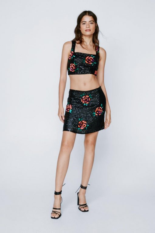 Going Out Tops Floral Sequin Square Neck Crop Top -The Partys Outfit womens black floral sequin square neck crop top