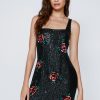 Sequin Dresses Floral Sequin Square Neck Mini Dress -The Partys Outfit womens black floral sequin square neck mini dress