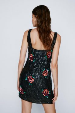 Sequin Dresses Floral Sequin Square Neck Mini Dress -The Partys Outfit womens black floral sequin square neck mini dress 2