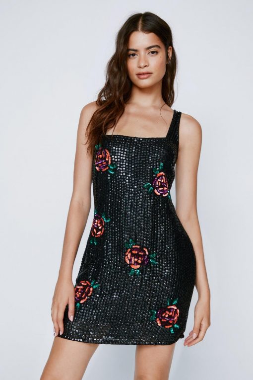 Cheap Sequin Dresses Floral Sequin Square Neck Mini Dress Online | The ...