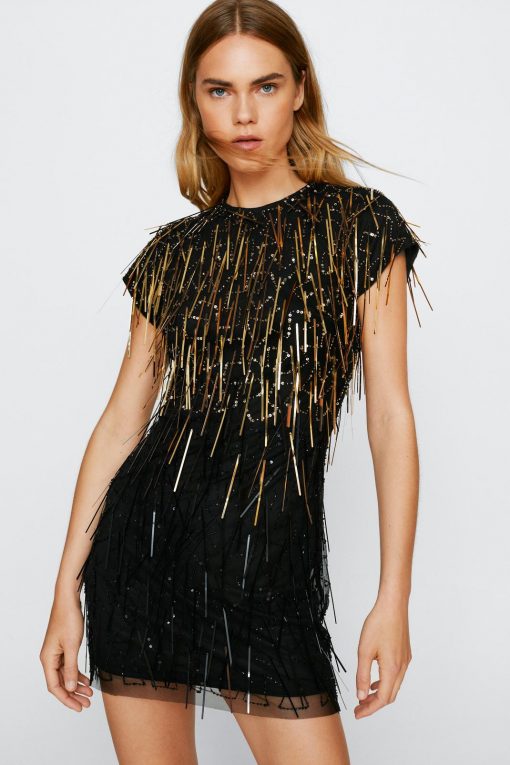 Party Dresses Fringe Sequin Bodycon Mini Dress -The Partys Outfit womens black fringe sequin bodycon mini dress 1