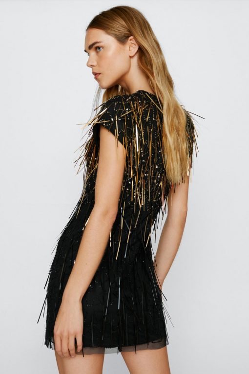 Party Dresses Fringe Sequin Bodycon Mini Dress -The Partys Outfit womens black fringe sequin bodycon mini dress 2