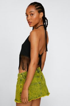 Club Wear Fringed Scarf Hem Crop Top -The Partys Outfit womens black fringed scarf hem crop top 2