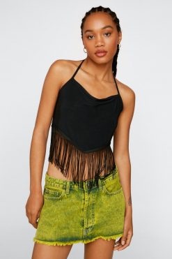 Club Wear Fringed Scarf Hem Crop Top -The Partys Outfit womens black fringed scarf hem crop top 3