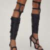 Club Wear Knee High Buckle Strappy Pointed Heels -The Partys Outfit womens black knee high buckle strappy pointed heels