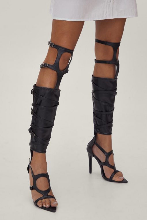 Club Wear Knee High Buckle Strappy Pointed Heels -The Partys Outfit womens black knee high buckle strappy pointed heels