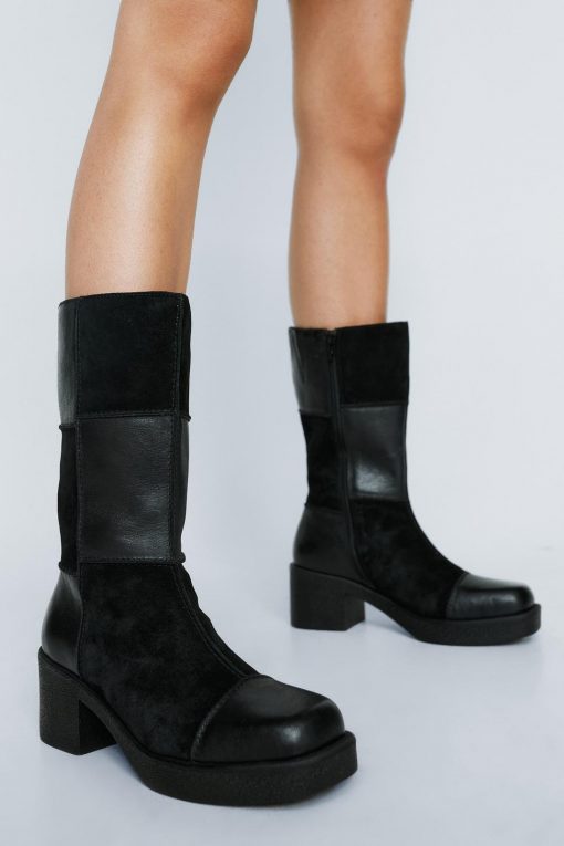 Club Wear Leather And Suede Patchwork Boots -The Partys Outfit womens black leather and suede patchwork boots 3