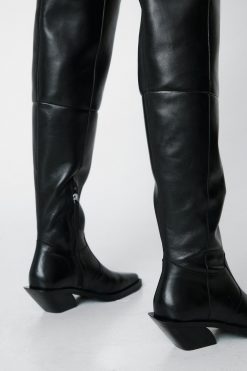 Club Wear Leather Western Over The Knee Boots -The Partys Outfit womens black leather western over the knee boots 2