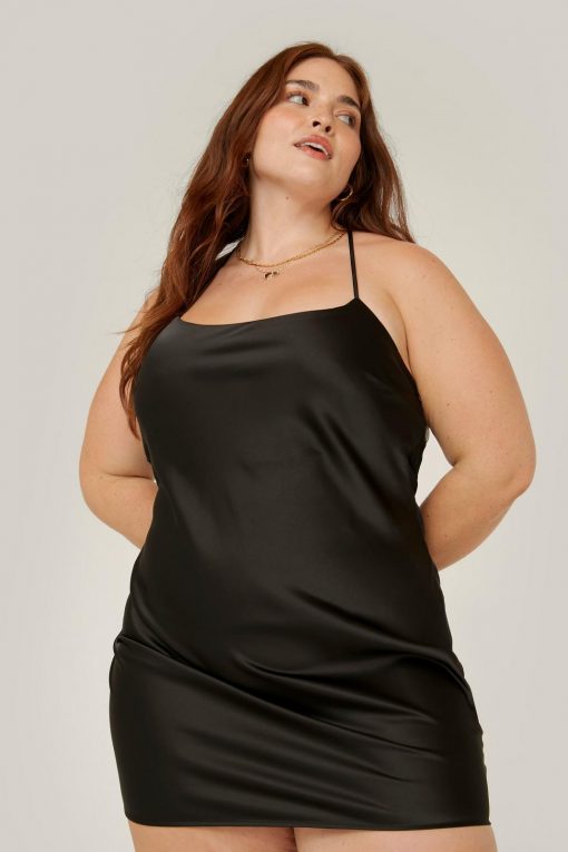 Slip Dresses Plus Size Strappy Satin Mini Dress -The Partys Outfit womens black plus size strappy satin mini dress