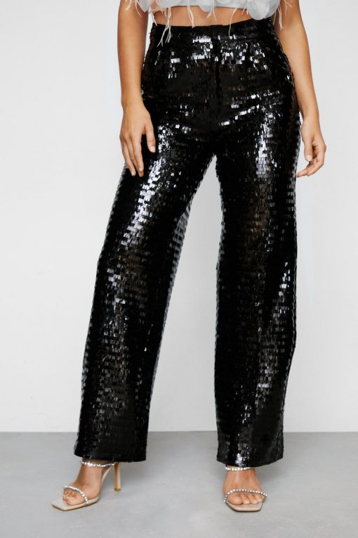 Sequin Pants Premium Sequin Straight Leg Pants -The Partys Outfit womens black premium sequin straight leg pants