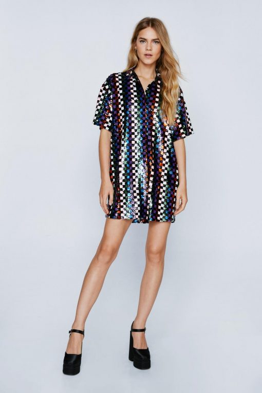 Shirt Dresses Sequin Checkerboard Mini Shirt Dress -The Partys Outfit womens black sequin checkerboard mini shirt dress