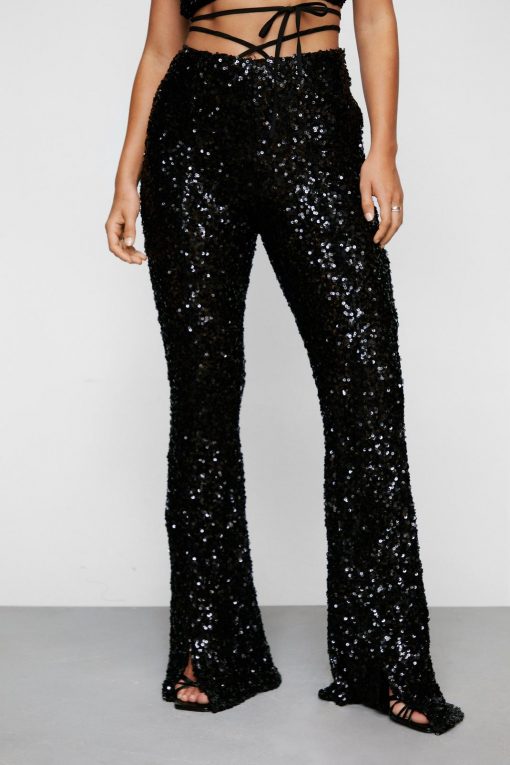 Tops Sequin Plunge Tie Waist Top And Flare -The Partys Outfit womens black sequin plunge tie waist top and flare