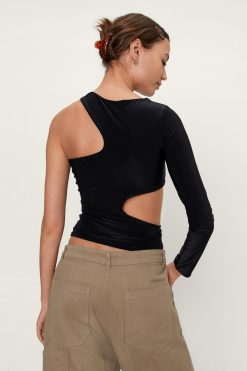 Cut Out Tops Slinky Cut Out Long Sleeve Top -The Partys Outfit womens black slinky cut out long sleeve top 2