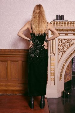 Velvet Dresses Zodiac Beaded Velvet Maxi Dress -The Partys Outfit womens black zodiac beaded velvet maxi dress 2