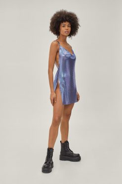 Slip Dresses Chainmail Cowl Neck Relaxed Mini Dress -The Partys Outfit womens blue chainmail cowl neck relaxed mini dress 4