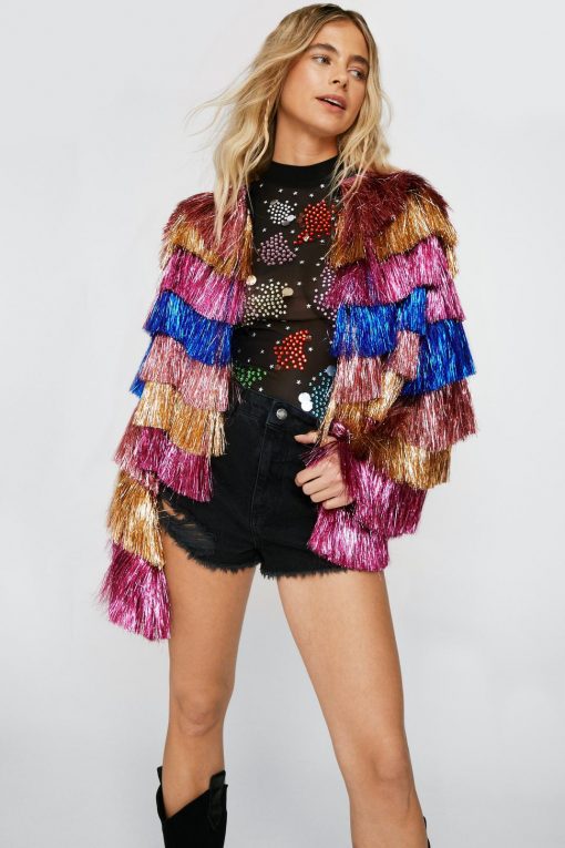 Going Out Jackets Color Block Tinsel Cropped Jacket -The Partys Outfit womens blue color block tinsel cropped jacket 3