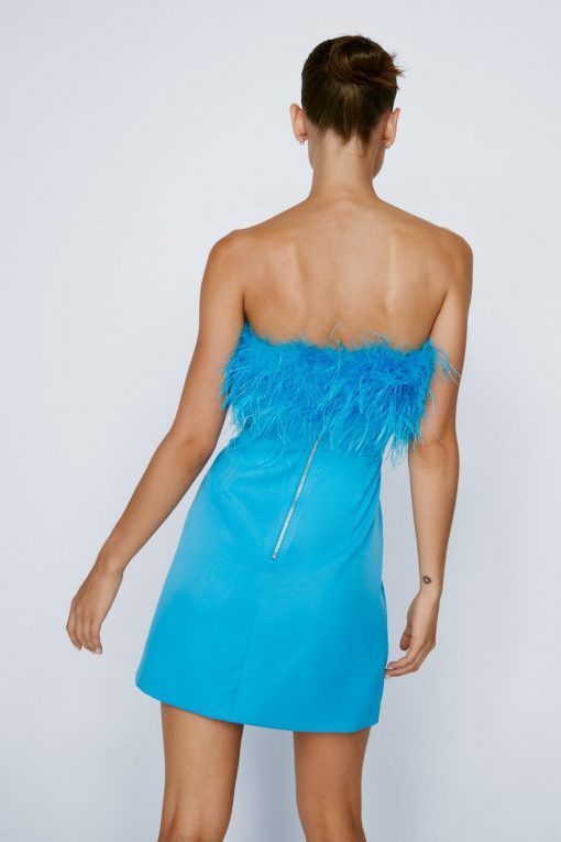 Bodycon Dresses Feather Trim Bandeau Mini Dress -The Partys Outfit womens blue feather trim bandeau mini dress 2