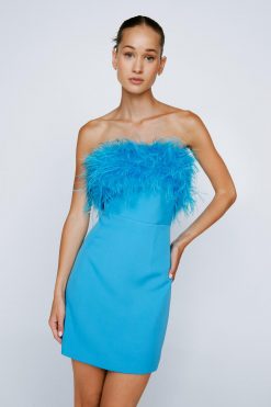 Bodycon Dresses Feather Trim Bandeau Mini Dress -The Partys Outfit womens blue feather trim bandeau mini dress 3