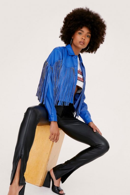 Going Out Jackets Fringe Faux Leather Western Jacket -The Partys Outfit womens blue fringe faux leather western jacket 1