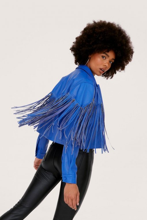 Going Out Jackets Fringe Faux Leather Western Jacket -The Partys Outfit womens blue fringe faux leather western jacket 2