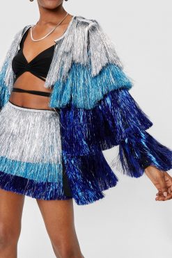 Going Out Jackets Metallic Tiered Tinsel Fringe Open Front Jacket -The Partys Outfit womens blue metallic tiered tinsel fringe open front jacket 1