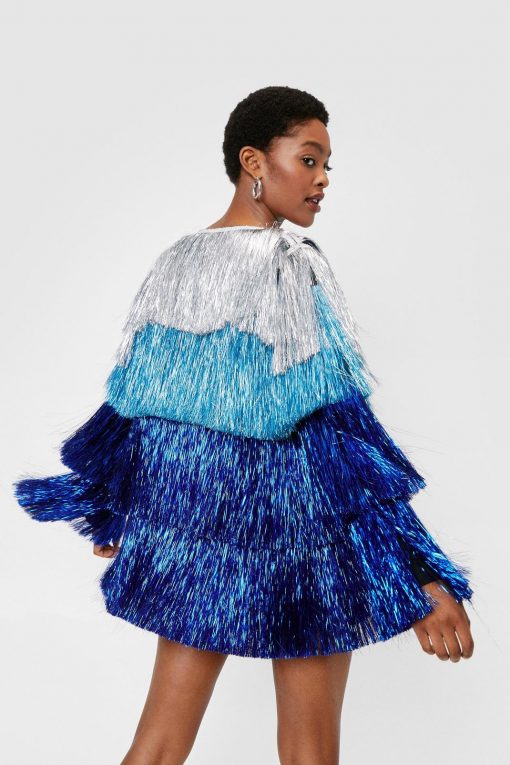 Going Out Jackets Metallic Tiered Tinsel Fringe Open Front Jacket -The Partys Outfit womens blue metallic tiered tinsel fringe open front jacket 2