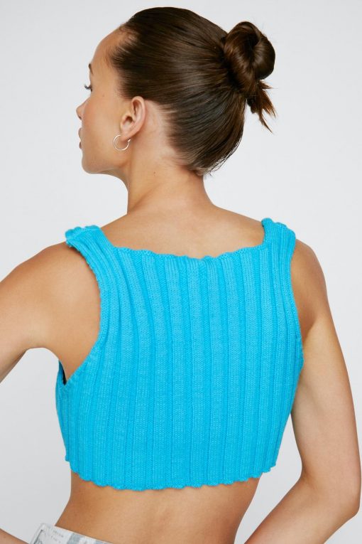 Tops Ribbed Asymmetric Hem Knitted Crop Top -The Partys Outfit womens blue ribbed asymmetric hem knitted crop top 2