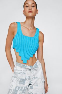 Tops Ribbed Asymmetric Hem Knitted Crop Top -The Partys Outfit womens blue ribbed asymmetric hem knitted crop top