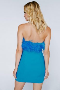 Bodycon Dresses Tailored Bandeau Feather Trim Dress -The Partys Outfit womens blue tailored bandeau feather trim dress 2