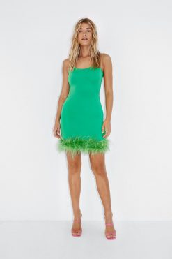 Party Dresses Slinky Feather Trim Strappy Mini Dress -The Partys Outfit womens bright20green slinky feather trim strappy mini dress 3