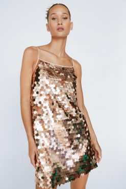 Sequin Dresses Petite Disc Sequin Mini Aline Dress -The Partys Outfit womens copper petite disc sequin mini aline dress 3