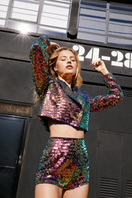 Two Piece Sets Premium Sequin Cropped Blazer -The Partys Outfit womens copper premium sequin cropped blazer 1