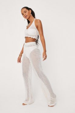 Beach Cover Ups Crochet Wide Leg Beach Cover Up Pants -The Partys Outfit womens cream crochet wide leg beach cover up pants 1