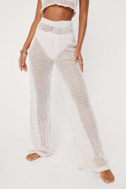 Beach Cover Ups Crochet Wide Leg Beach Cover Up Pants -The Partys Outfit womens cream crochet wide leg beach cover up pants