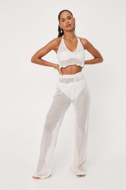 Beach Cover Ups Crochet Wide Leg Beach Cover Up Pants -The Partys Outfit womens cream crochet wide leg beach cover up pants 3