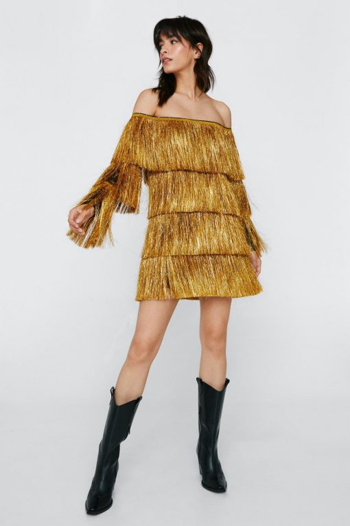 60% Off Dresses, Tops & Footwear! Bardot Long Sleeve Tinsel Fringe Mini Dress -The Partys Outfit womens gold bardot long sleeve tinsel fringe mini dress 1