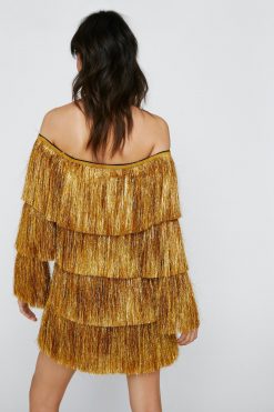 60% Off Dresses, Tops & Footwear! Bardot Long Sleeve Tinsel Fringe Mini Dress -The Partys Outfit womens gold bardot long sleeve tinsel fringe mini dress 2