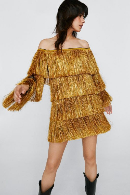 60% Off Dresses, Tops & Footwear! Bardot Long Sleeve Tinsel Fringe Mini Dress -The Partys Outfit womens gold bardot long sleeve tinsel fringe mini dress 3