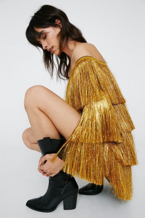 60% Off Dresses, Tops & Footwear! Bardot Long Sleeve Tinsel Fringe Mini Dress -The Partys Outfit womens gold bardot long sleeve tinsel fringe mini dress