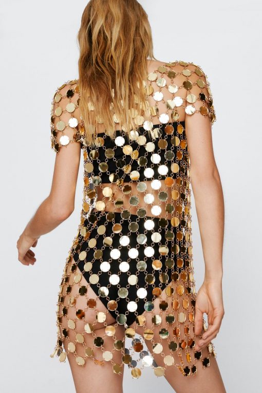 Party Dresses Disc Chainmail Tunic Mini Dress -The Partys Outfit womens gold disc chainmail tunic mini dress 2